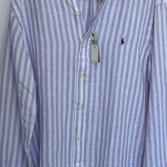 NEW Polo Ralph Lauren Striped Button Shirt Men XL Linen Light Purple/ White NWT - Picture 4 of 11